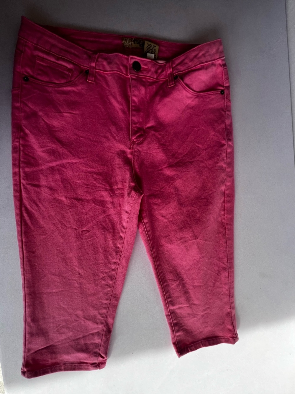 HYBRID & CO WOMENS STRETCHY DENIM CAPRI FIVE POCKET PINK JEANS SIZE 14